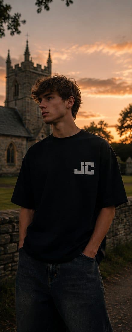 Front of the boxy tee outside a parish church at golden hour