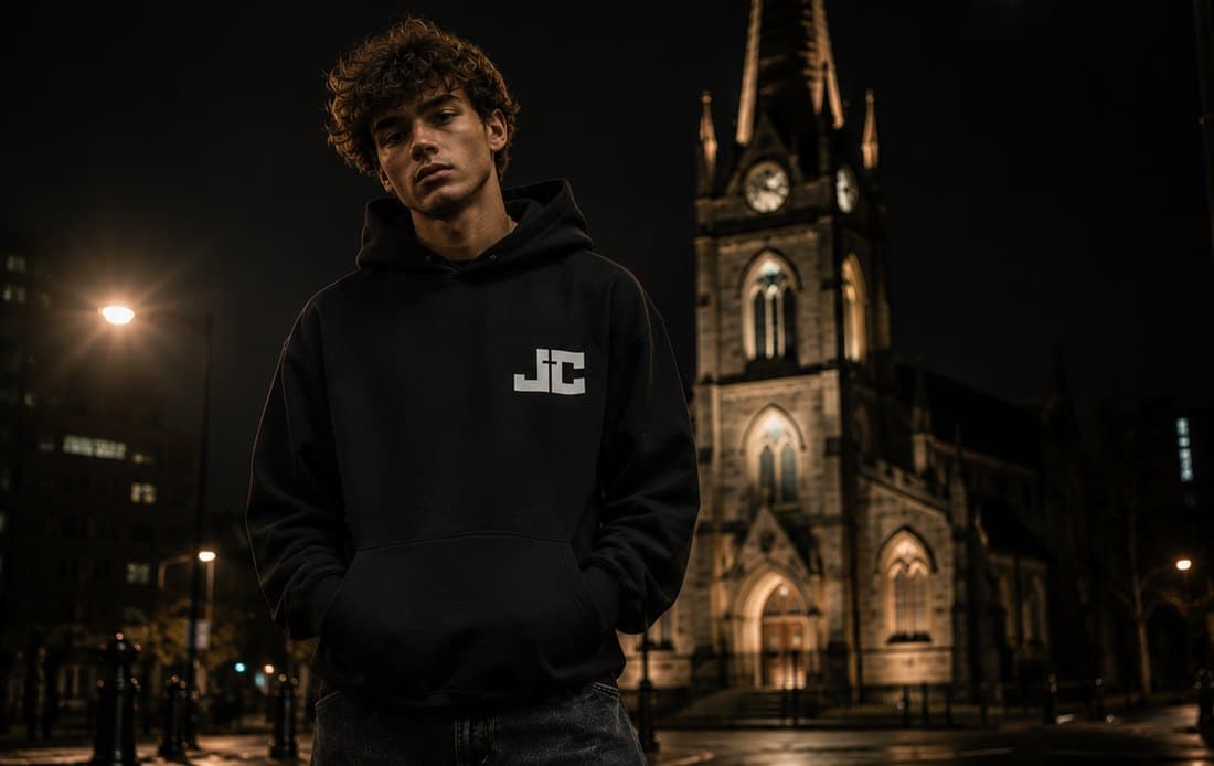 Front of the CONVICTION 001 Heavyweight Hood with the chest monogram, outside a lit church at night