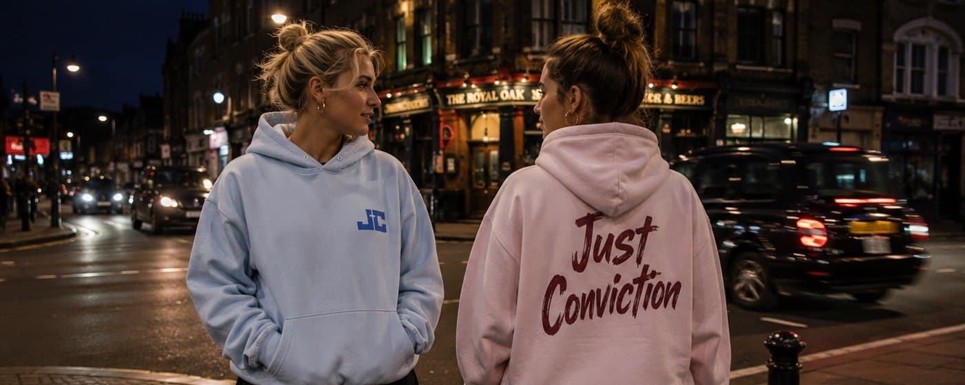 Two women in sky blue and light pink hoodies on a lit high street at night